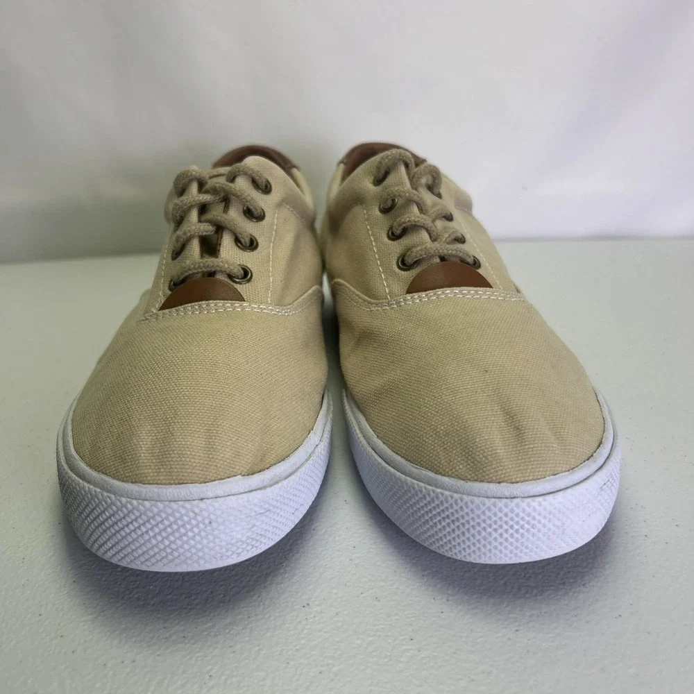 Polo Ralph Lauren Vaughn Low Top Canvas Shoes Size 6.5 Beige Tan Leather Trim